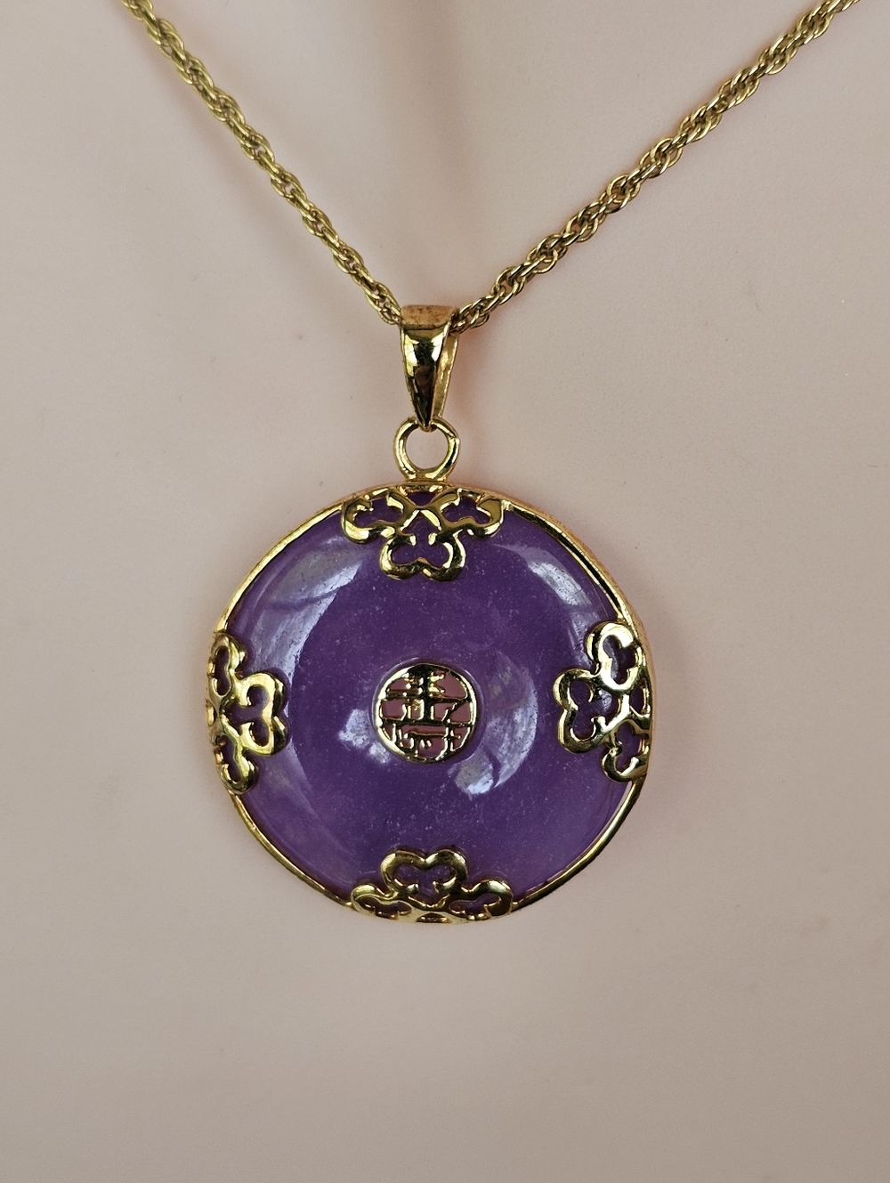 Good Fortune Genuine Purple Jade Donut Pendant Necklace 18k Vermeil 20" - Picture 3 of 5